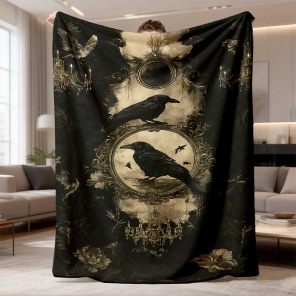 Gothic Flannel Throw Blanket with Raven & Gold Frame Design, Dark Floral Pattern, Cozy All-Season Bedspread for Home Decor