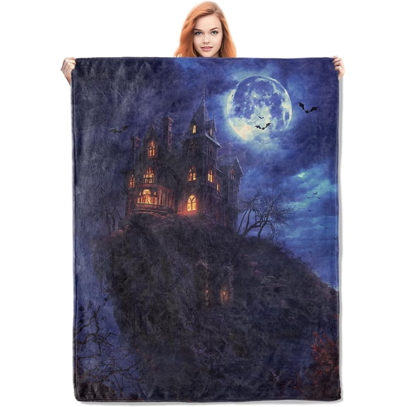 Gothic Fleece Blanket Gifts, Creepy Castle and Full Moon Design, Soft Throw 40x50 inches, Ideal for Halloween Night Decor - Dark Blue and Orange