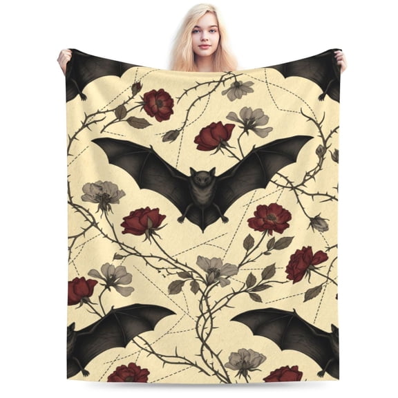 Gothic Floral Bat Blanket, Rose Pattern Flannel Throw Blanket, Super Soft Cozy Warm Blanket for Sofa, Couch, Bed, Halloween Dark Aesthetic Gift 50x40