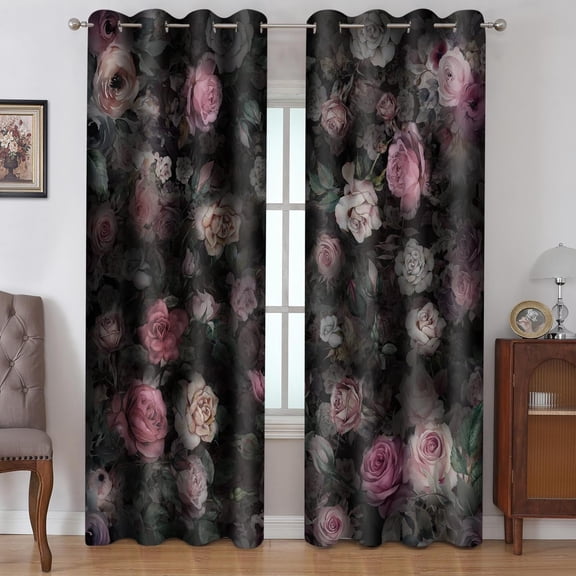 Gothic Floral Blackout Curtains For Bedroom Pink Black Flower Curtain Boho Dark Floral Rose Aesthetic Drapes For Woman Living Room Guest Room 38"W x 45"L (Pack of 2)