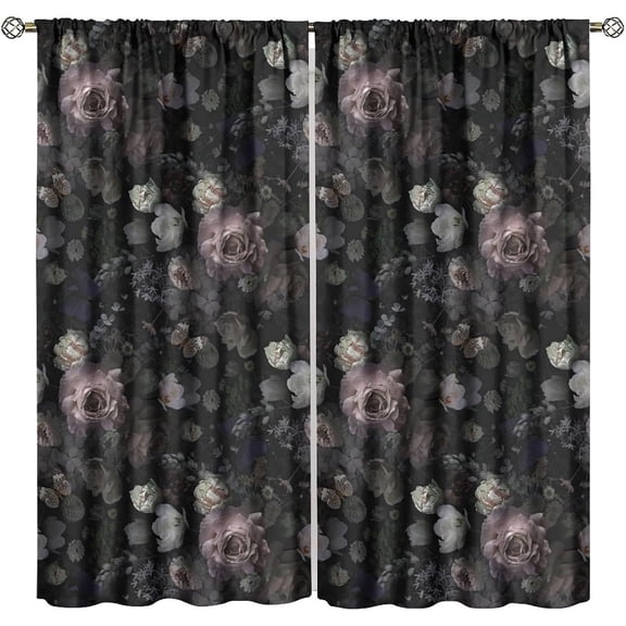Gothic Floral Blackout Window Curtains, Retro Black Flower Rustic Watercolor Vintage Plant Boho Window Drapes, for Living Room Bedroom 72" W X 63" L