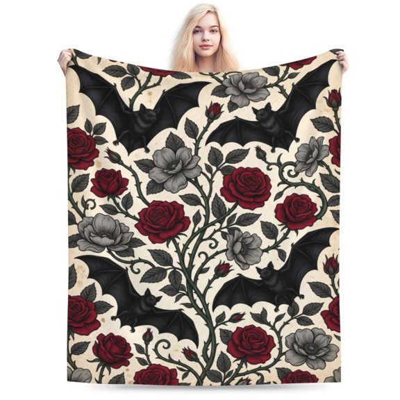 Gothic Floral Blanket,Roses and Bat Flannel Throw Blankets,Soft Warm Lightweight Cozy Plush Halloween Goth Throws for Bedroom Sofa Home Decor Gifts 50x40