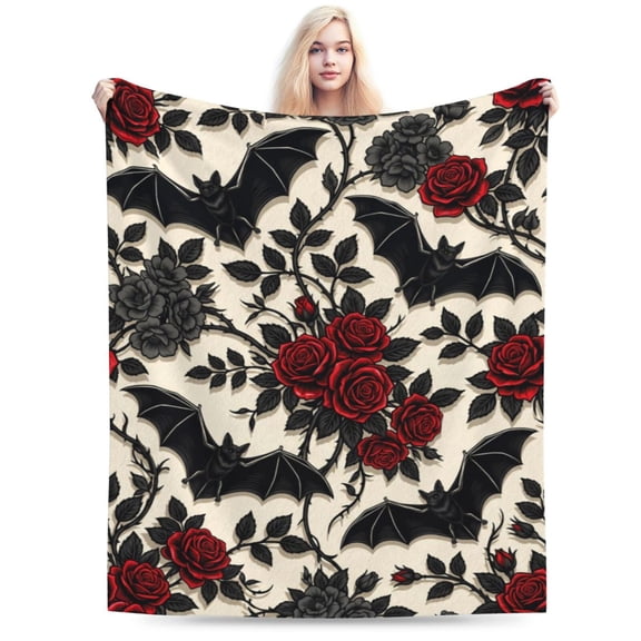 Gothic Floral Blanket,Roses and Bat Flannel Throw Blankets,Soft Warm Lightweight Cozy Plush Halloween Goth Throws for Bedroom Sofa Home Decor Gifts 50x40