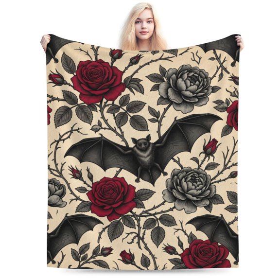 Gothic Floral Blanket,Roses and Bat Flannel Throw Blankets,Soft Warm Lightweight Cozy Plush Halloween Goth Throws for Bedroom Sofa Home Decor Gifts 50x40
