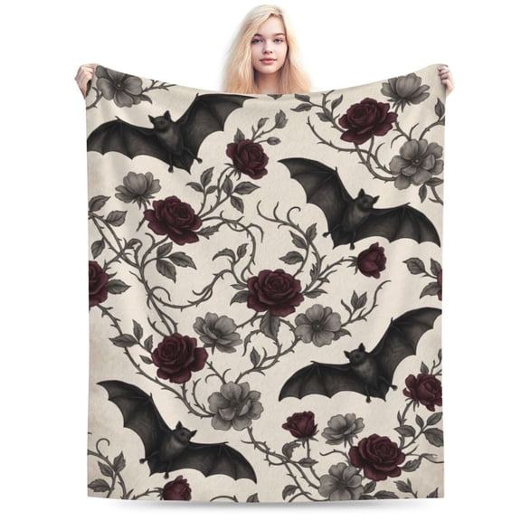 Gothic Floral Blanket,Roses and Bat Flannel Throw Blankets,Soft Warm Lightweight Cozy Plush Halloween Goth Throws for Bedroom Sofa Home Decor Gifts 50x40