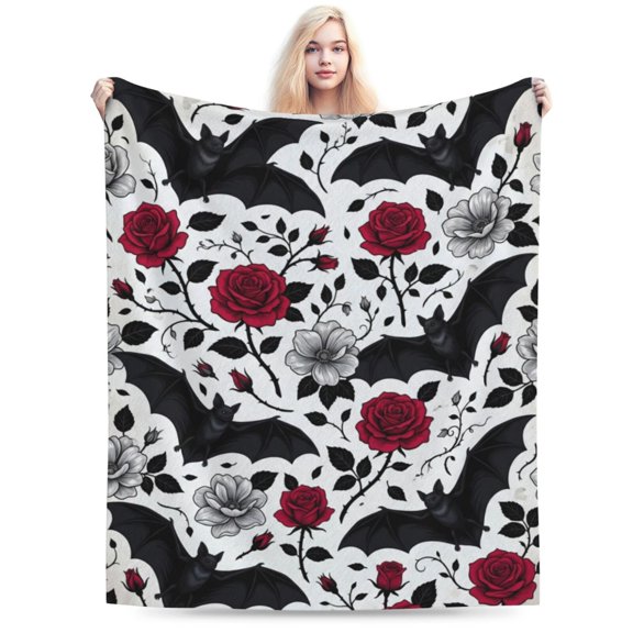 Gothic Floral Blanket,Roses and Bat Flannel Throw Blankets,Soft Warm Lightweight Cozy Plush Halloween Goth Throws for Bedroom Sofa Home Decor Gifts 50x40