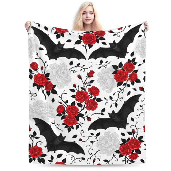 Gothic Floral Blanket,Roses and Bat Flannel Throw Blankets,Soft Warm Lightweight Cozy Plush Halloween Goth Throws for Bedroom Sofa Home Decor Gifts 50x40