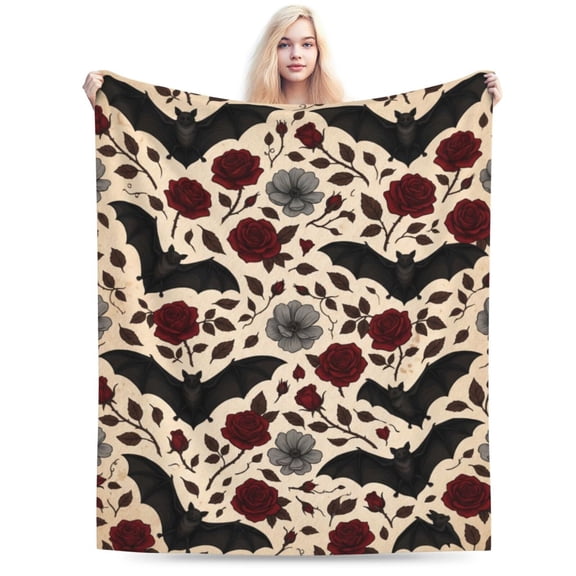 Gothic Floral Blanket,Roses and Bat Flannel Throw Blankets,Soft Warm Lightweight Cozy Plush Halloween Goth Throws for Bedroom Sofa Home Decor Gifts 50x40