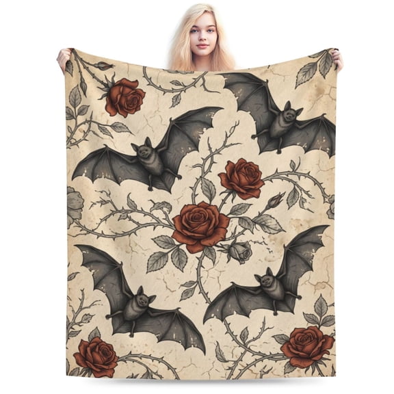 Gothic Floral Blanket,Roses and Bat Flannel Throw Blankets,Soft Warm Lightweight Cozy Plush Halloween Goth Throws for Bedroom Sofa Home Decor Gifts 50x40