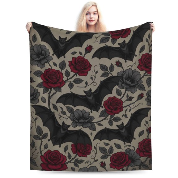 Gothic Floral Blanket,Roses and Bat Flannel Throw Blankets,Soft Warm Lightweight Cozy Plush Halloween Goth Throws for Bedroom Sofa Home Decor Gifts 50x40