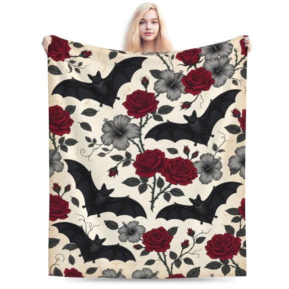 Gothic Floral Blanket,Roses and Bat Flannel Throw Blankets,Soft Warm Lightweight Cozy Plush Halloween Goth Throws for Bedroom Sofa Home Decor Gifts 50x40