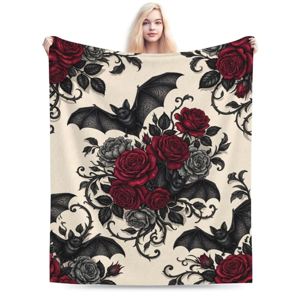 Gothic Floral Blanket,Roses and Bat Flannel Throw Blankets,Soft Warm Lightweight Cozy Plush Halloween Goth Throws for Bedroom Sofa Home Decor Gifts 50x40