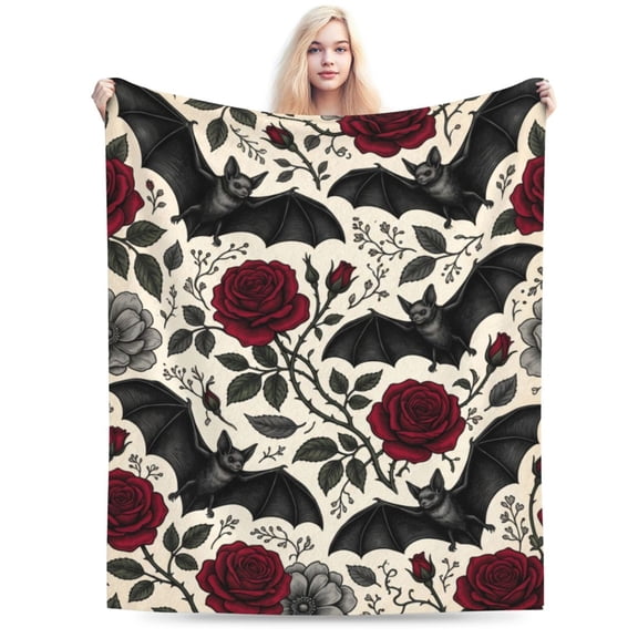 Gothic Floral Blanket,Roses and Bat Flannel Throw Blankets,Soft Warm Lightweight Cozy Plush Halloween Goth Throws for Bedroom Sofa Home Decor Gifts 50x40