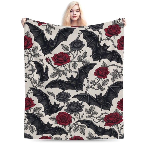 Gothic Floral Blanket,Roses and Bat Flannel Throw Blankets,Soft Warm Lightweight Cozy Plush Halloween Goth Throws for Bedroom Sofa Home Decor Gifts 50x40