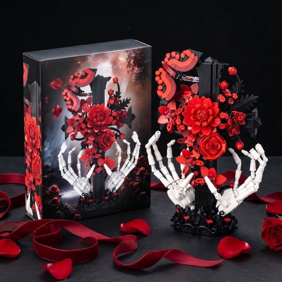 Gothic Floral Cross Building Block Set, 901Pcs Dark Art Sculpture with Skeletal Hands, Romantic Red Rose Desktop Decor Kit