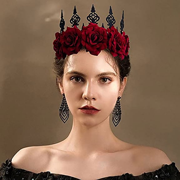 Gothic Floral Headpiece Vintage Headband Red Rose Flower Hair Bands Masquerade Hair Accessory For Witcher Makeup Party Hairband with Clips Headband with Bow Fashion Head Hair Band Man Band Headband