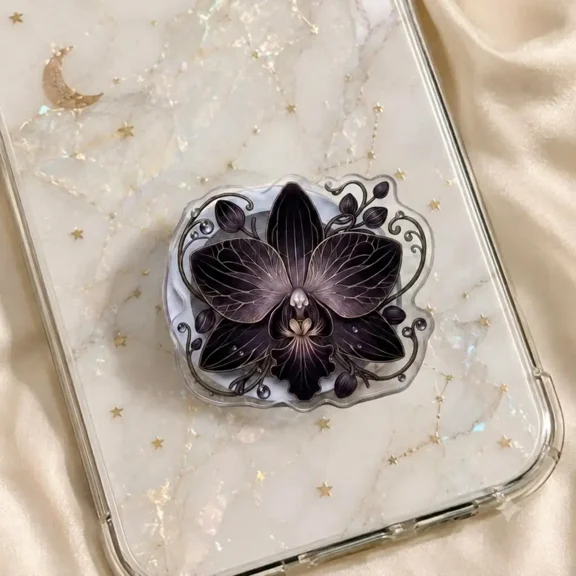 Gothic Floral Phone Grip Stand Artistic Black Orchid PopSocket for iPhone and Android Secure Grip Holder