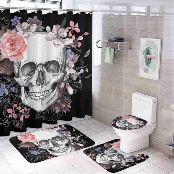 Gothic Floral Skull 4-Piece Shower Curtain Set with Bath Mats and Toilet Lid Cover for Bathroom Decor