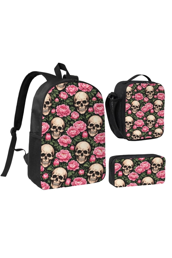 Gothic Floral Skull Backpack Set 3pc ,Backpack with Lunch Bag and Bag 17 Inch