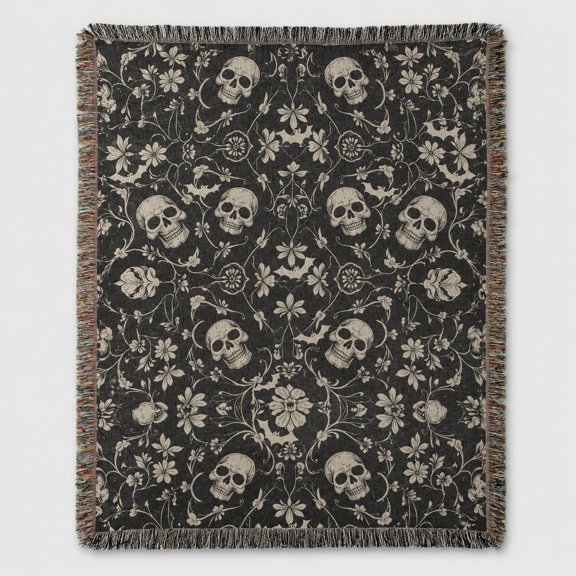 Gothic Floral Skull Woven Throw Blanket, Vintage Damask Ivory & Black Cotton Tapestry Blanket with Fringe, Dark Botanical Home Decor
