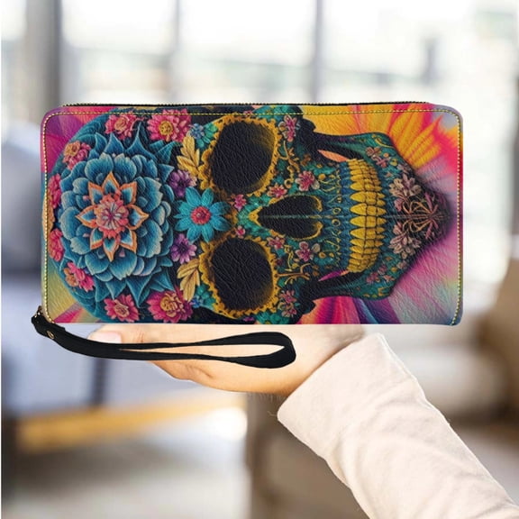 Gothic Floral Skull Wristband Wallet Women's Long PU Leather Retro Small Wallet Fashion Ladies Clutch Bag Zipper Coin Purse New