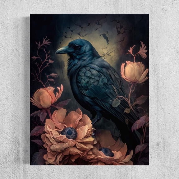 Gothic Floral Still Life, Black Raven And Pink Flowers Wall Art, Botanical Decor, Moody Aesthetic, Dark Academia Antique Rd796 2133 UNFRAMED Poster, 16x24