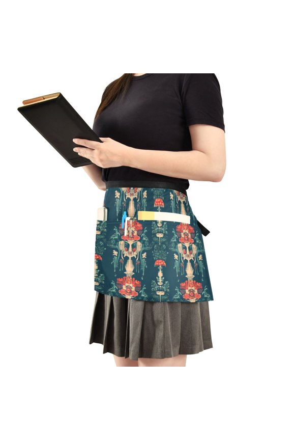 Gothic Flower Design Server Apron with 3 Pockets Waist Apron for Waiter Waitress