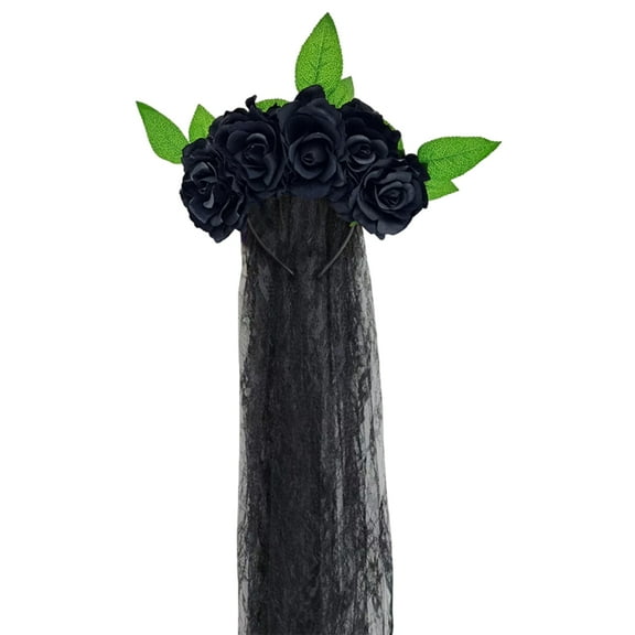 Gothic Flower Garland With Black Veils Hairband, Wedding Headpiece Headwear Accessory, Featuring Simulated Rose Flowers And Lace Details For