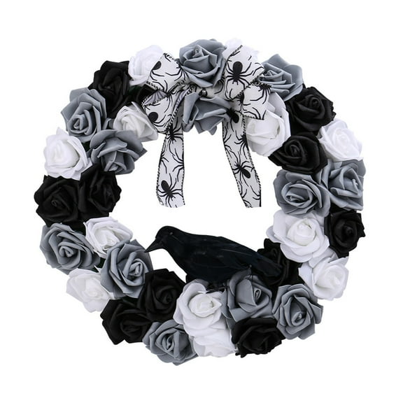 Gothic Flower Wreath, Black and White Artificial Halloween Garland with Crow, for Front Door Wall Low Maintenance Spooky Decoration for Seasonal Celebrations, 13.77x2.36x13.77"