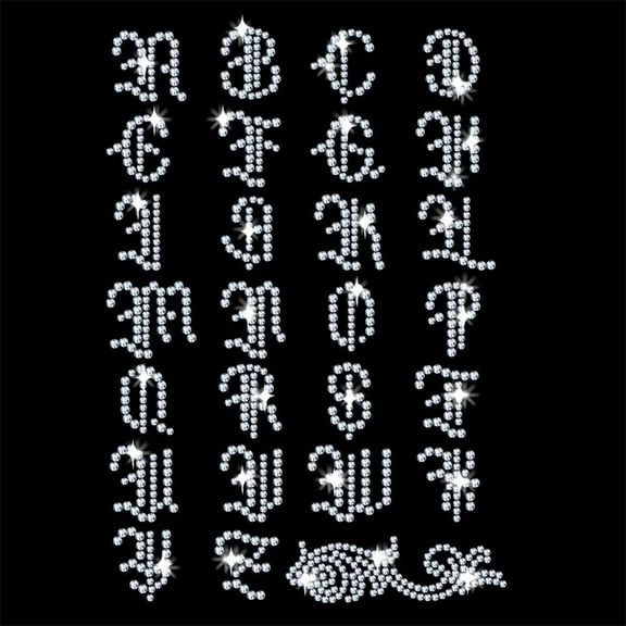 Gothic Font Rhinestone Iron on Transfer 11.7x8.3 Inch Heat Transfer Decal Bling Crystal Decals Clear Rhinestone Template Clothing Repair Applique