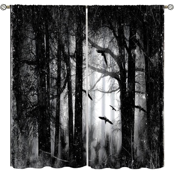Gothic Forest Curtains, Foggy Mysterious Ghost Forest Window Drapes, Halloween Party Dead Trees Spider Webs Print Curtain for Bedroom Living Room Set 2 Panels,84x84 Inches