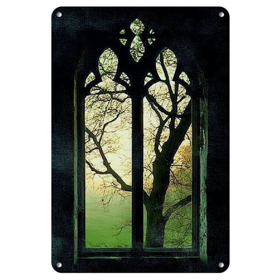 Gothic Forest Scene Tin Wall Art - High-Quality Iron Metal Poster, Dark Arched Window Design with Green Foliage, Easy-to-Hang with Pre-Drilled Holes, Durable Home Decor for Living Room & Kitchen
