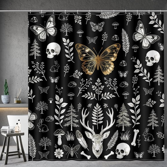 Gothic Forest Shower Curtain, Dark Mystical Deer Skull Butterfly Mushroom Botanical Floral Witchy Bathroom Decor Bathtub Curtain Fabric Shower Curtain Set with 12 Hooks, 72"x72"