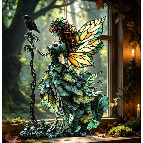 Gothic Forest Skeleton Fairy Acrylic Suncatcher, Leaf‑Layered Gown Skeleton Fairy With Raven, Faux Stained‑Glass Window Hanging, Dark Cottagecore Halloween Decor Gift