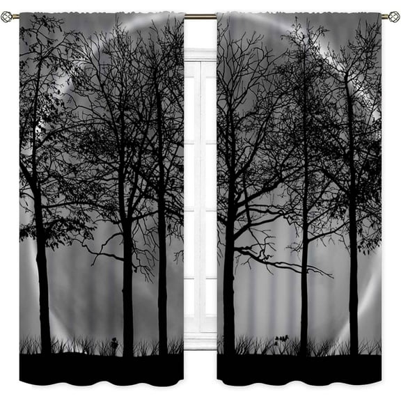 Gothic Forest Window Curtains, Misty Foggy Black Pine Tree Branch Full Moon Goth Mysterious Nature Art Print Tapestry Curtain Drapes for Bedroom Living Room Halloween Home Decor 2 Panels, 42"x63" Inch