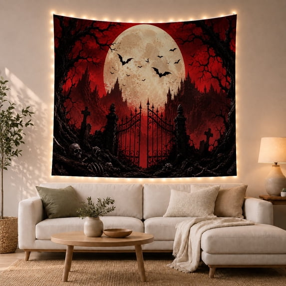 Gothic Full Moon and Bat Scene in Red Sky Cemetery, Spooky Gothic for Dark Art Lovers, Halloween Wall Decor, Halloween Gift, Tapestry Wall Hanging for Bedroom and Living Room