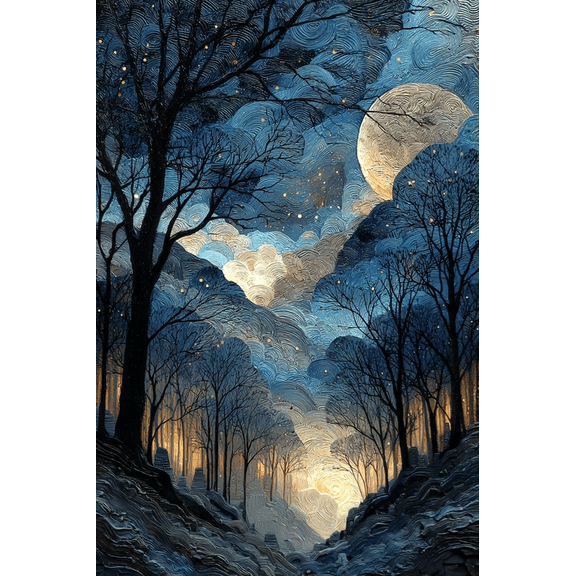 Gothic Full Moon Dark Forest Canvas Art, Moody Night Sky Painting, Mysterious Celestial Wall Decor