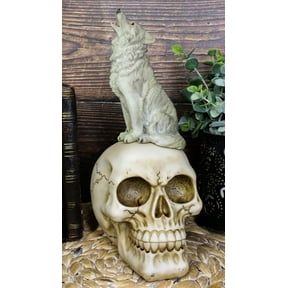 Gothic Full Moon Howling Gray Wolf Sitting On Graveyard Macabre Skull Figurine