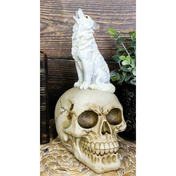 Gothic Full Moon Howling White Wolf Sitting On Graveyard Macabre Skull Figurine
