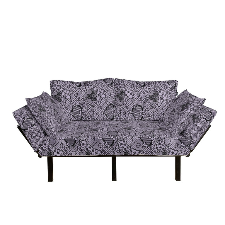 Gothic Futon Couch, Black Lace Style Needlecraft Pattern with Ornate  Flowers Feminine Victorian Motifs, Daybed with Metal Frame Upholstered Sofa  for