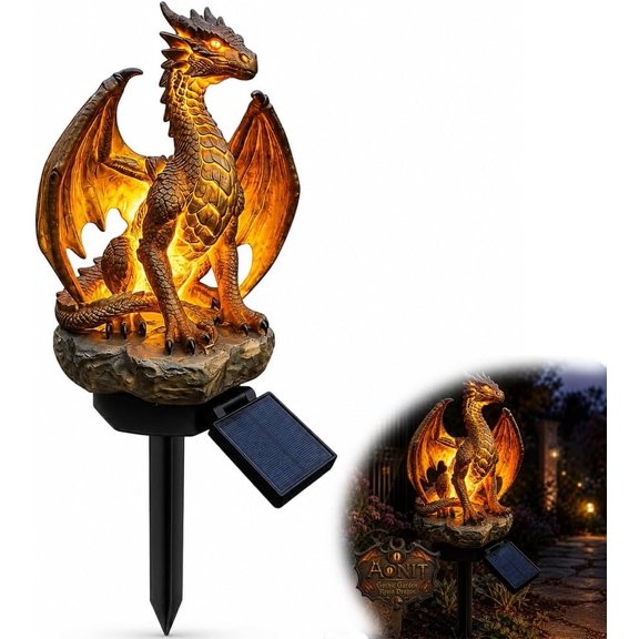 Gothic Garden Resin Dragon Statue Ground Stake, Golden Ember Solar Garden Light Figurine, Outdoor Dragon Decor for Yard Patio Walkway, Medieval Gargoyle Landscape Lighting, Halloween Stakes Gift