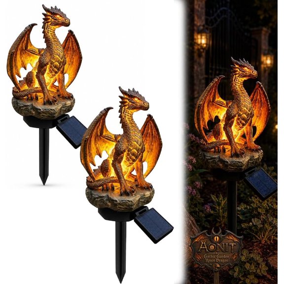 Gothic Garden Resin Dragon Statue Ground Stake, Golden Ember Solar Garden Light Figurine, Outdoor Dragon Decor for Yard Patio Walkway, Medieval Gargoyle Landscape Lighting, Halloween Stakes Gift