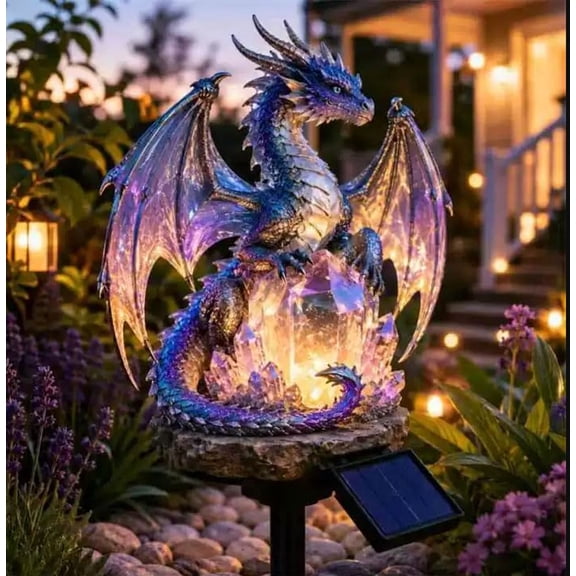 Gothic Garden Resin Dragon Statue Ground Stake, Solar Garden Figurine, Outdoor Statues Figurine Lights, Medieval Gargoyle Outdoor Landscape Lighting, Halloween Dragons Decor (Purple Crystal)