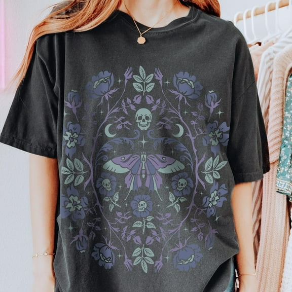 Gothic Garden Tshirt, Dark Academia Shirt, Floral Skull Creepy Cute T-Shirt, Pastel Goth Graphic Tee, Botanical Butterfly Top Unisex S-5XL Hot Trending Shirt, Vintage Birthday Gift