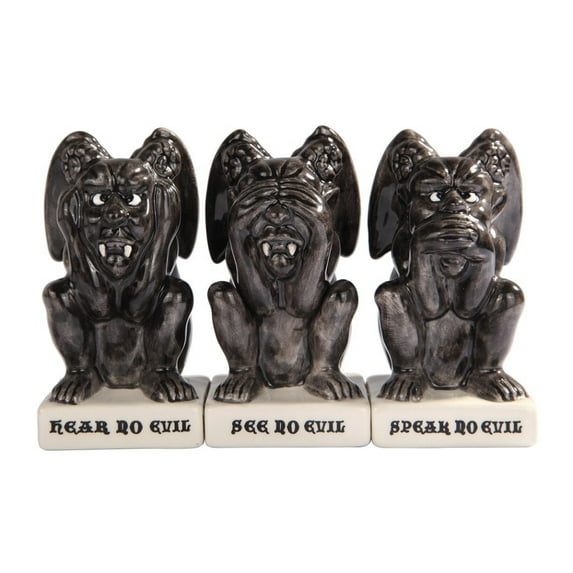 Attractives! Trio Gothic Gargoyles See Hear Speak no Evil Ceramic Salt Pepper Shakers and Toothpick Holder