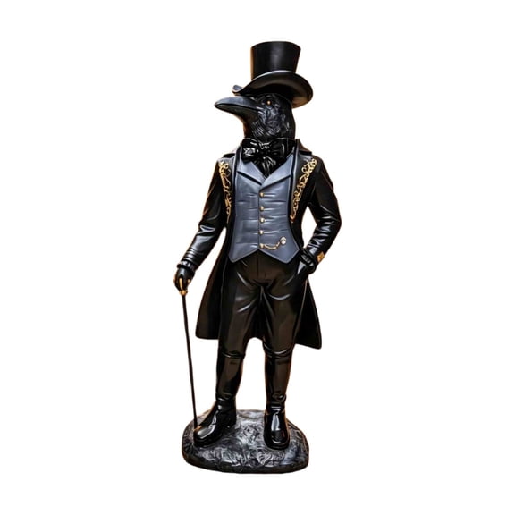 Gothic Gentleman Crow Resin Statue With Top Hat And Walking Cane Vintage Spooky Halloween Tabletop Indoor Home Decor Sculpture Black