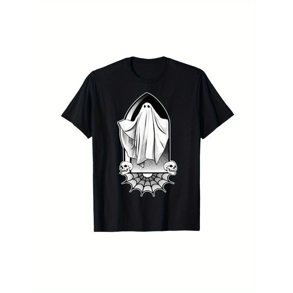 Gothic Ghost Art Tee. Features “Ghost + Skulls + Web” Design. For Fans Of Gothic & Spooky Vibes.