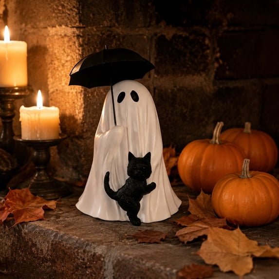 Gothic Ghost Resin Statue Spooky Cute Figurine with Umbrella and Cat Halloween Decor for Home Desk Shelf Party Ornament White Witchcraft Collectible