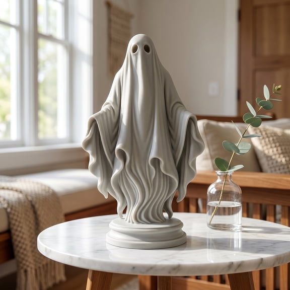 Gothic Ghost Statue - White Ghost Statue for Halloween Decor,Resin Spooky Specter Figurine with Flowing Robe & Base,Perfect for Mantel,Shelf,Desk,Party Centerpiece,Haunted House Ornament (5.7In)