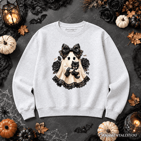 Gothic Ghost with Black Cat Sweatshirt, Black Rose Coquette Halloween Sweater